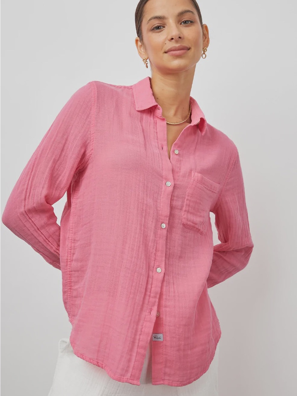 Rails Ellis Button Up in Malibu Pink Size Medium Organic Cotton Gauze Beachy